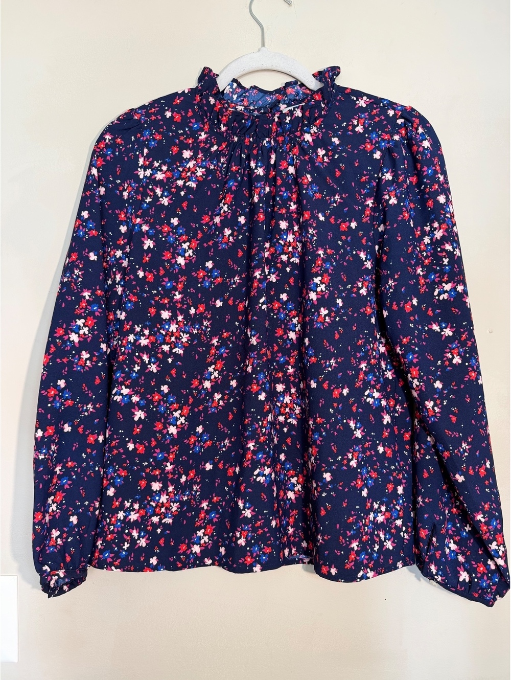 J.Crew Women's Small Navy Blue Floral Print Long Sleeve Blouse with Ruffle Neck